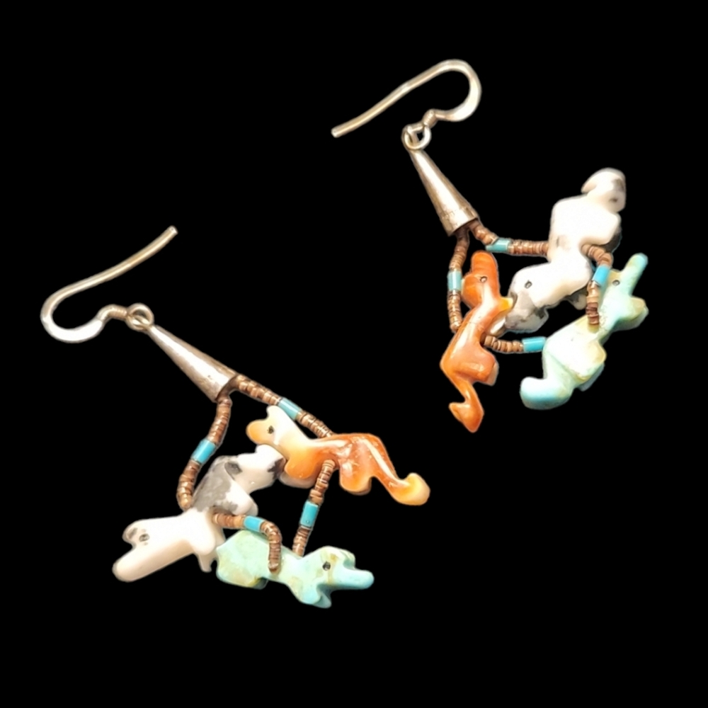 VINTAGE ZUNI NATIVE AMERICAN HESHI BEADED TURQUOISE FETISH DANGLE EARRINGS - Picture 4 of 8
